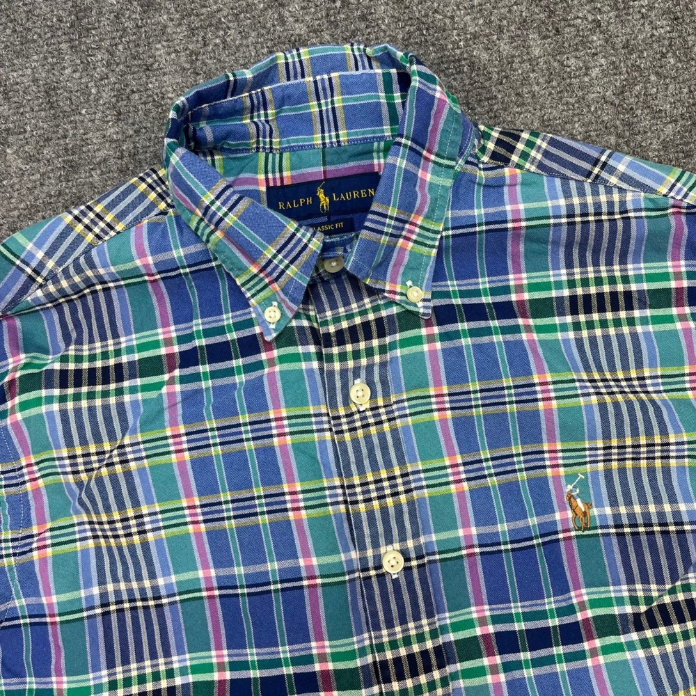 Polo RalphLauren Men Classic Fit Plaid Button Shirt Blue Green Medium Oxford